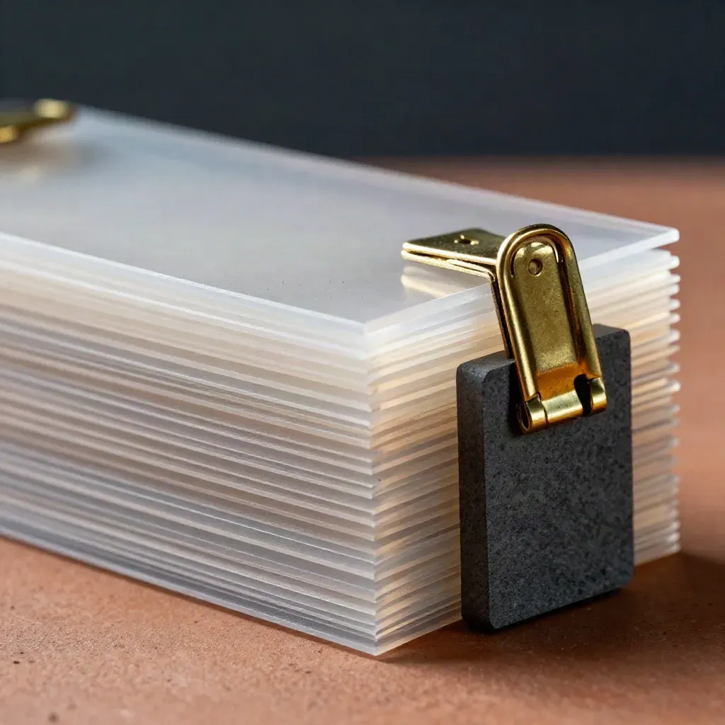 Macro stack of translucent acetate UTM tag sheets with brass clips and a graphite block on terracotta.