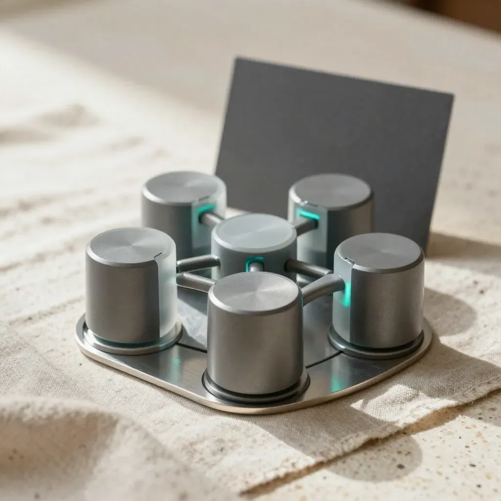 Five linked tokens on linen around a shared base plate, glowing softly cyan in a premium SaaS still life.