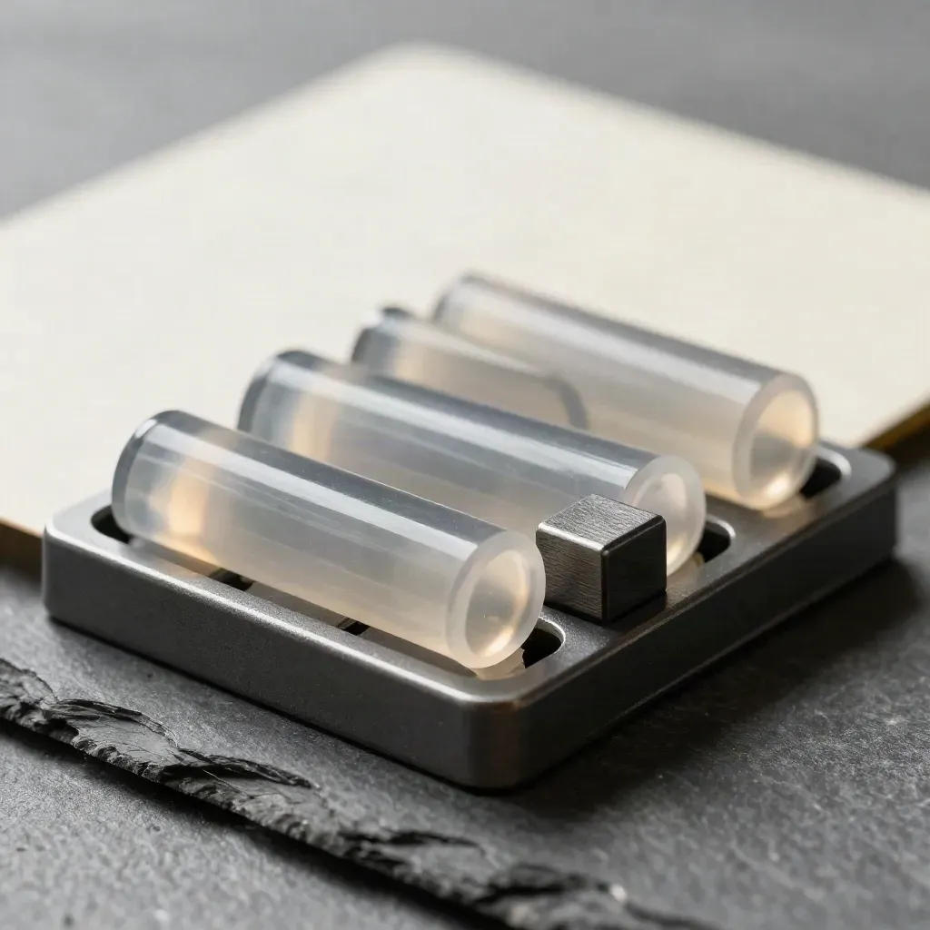 Five translucent cylinders in a dark cradle beside a tiny connector cube, lit in a dramatic macro close-up.