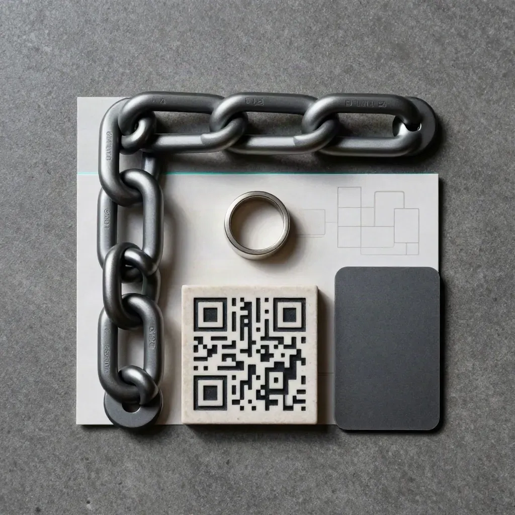 Overhead link kit flatlay with module, domain ring, QR tile and token card.