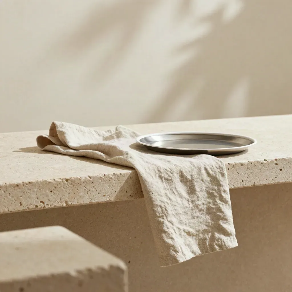 Sunlit travertine ledge with linen runner and olive shadows, calm neutral copy space