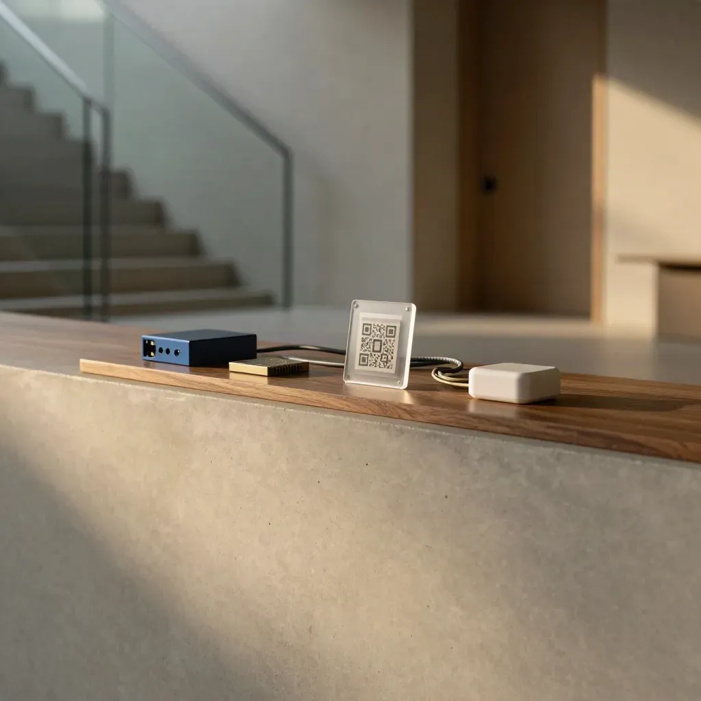 Walnut-and-concrete interior ledge with redirect-themed tech objects and soft doorway glow