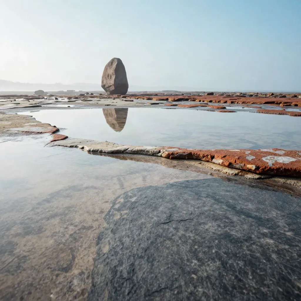 Tidal stone shelf with a reflective puddle and lone marker stone in sea mist.