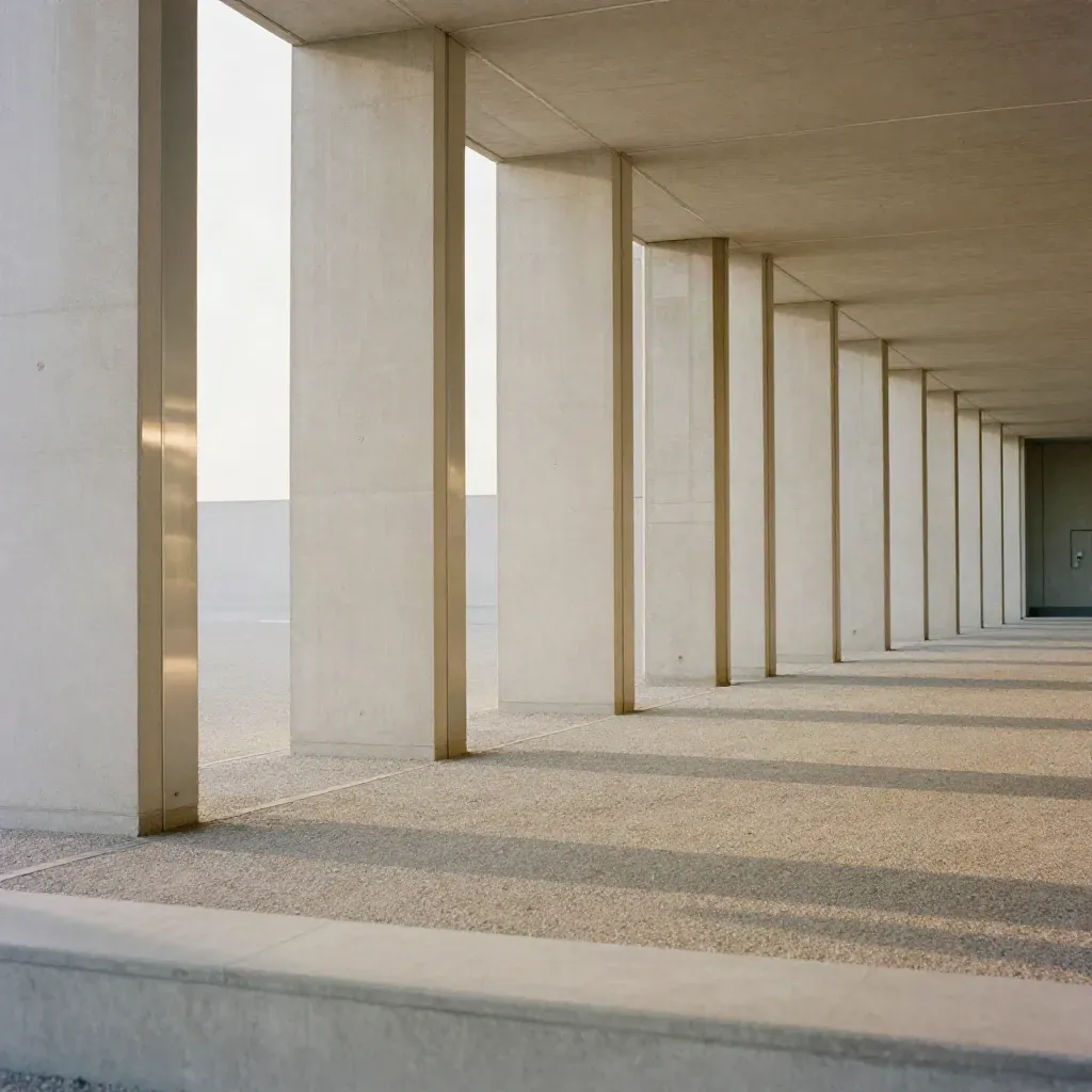 Sunlit concrete colonnade with long shadows and calm empty space for copy