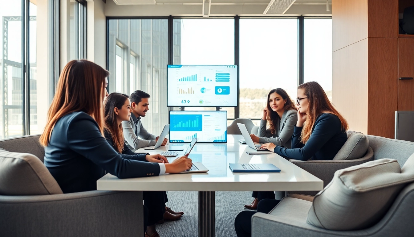 Collaborative team using enterprise assistant software in a modern office setting.