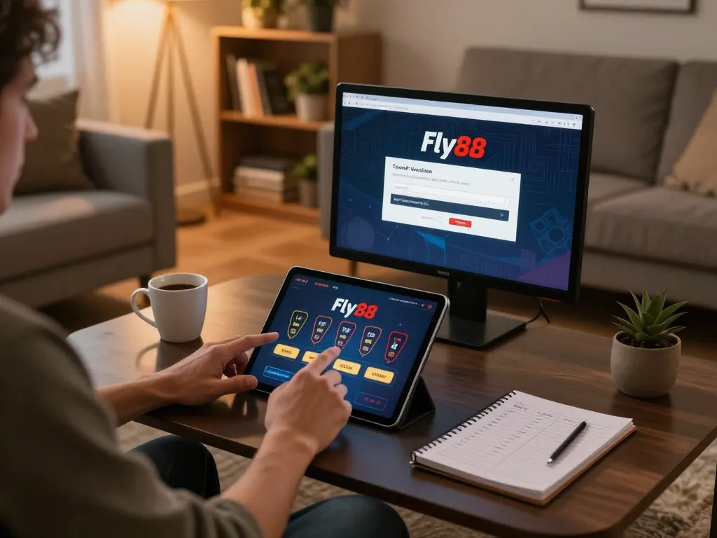 fly88 đăng nhập on a tablet during an engaging online casino session at home, cozy atmosphere highlighted.