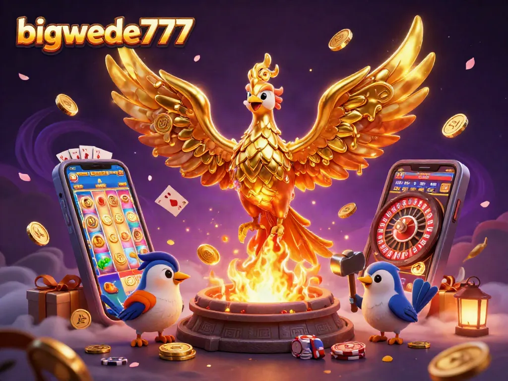 bigwede777 showcases a vibrant scene with a molten golden phoenix and dynamic casino elements.
