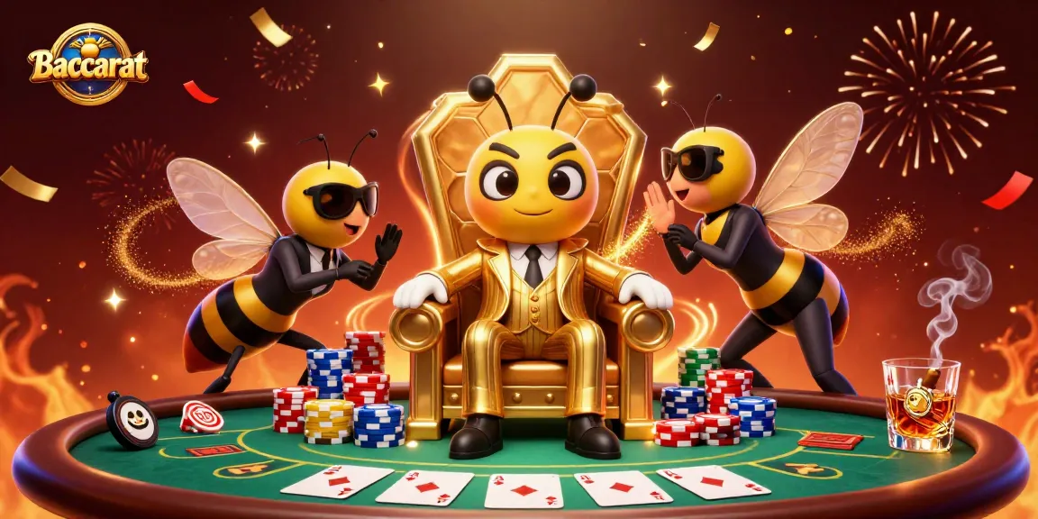 Baccarat game scene featuring bumblebee mob boss and wasp bodyguards surrounded by poker elements and celebratory confetti.