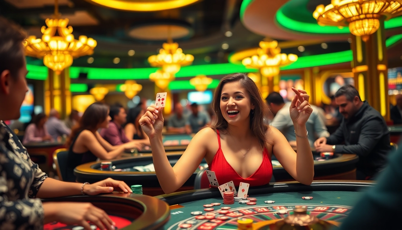 Spieler bei casino-spiele de genießen Blackjack und Roulette in einem lebhaften Casino.