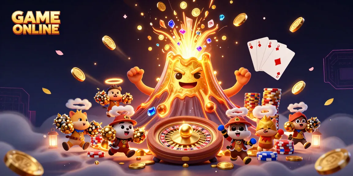 Experience the thrill of GAME ONLINE with a vibrant scene of a golden volcano, treasure, and casino elements.