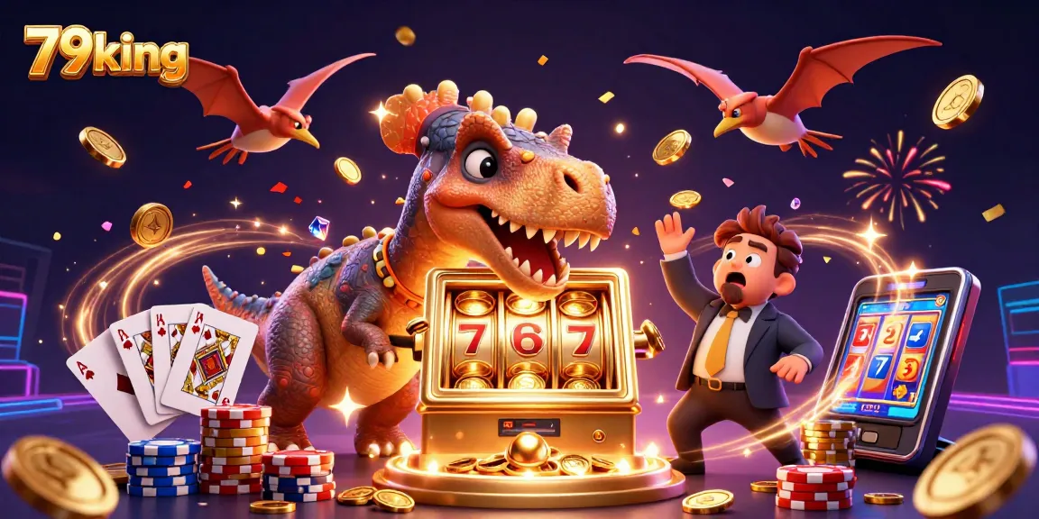 79king gaming scene featuring a dinosaur hitting a slot machine for coins