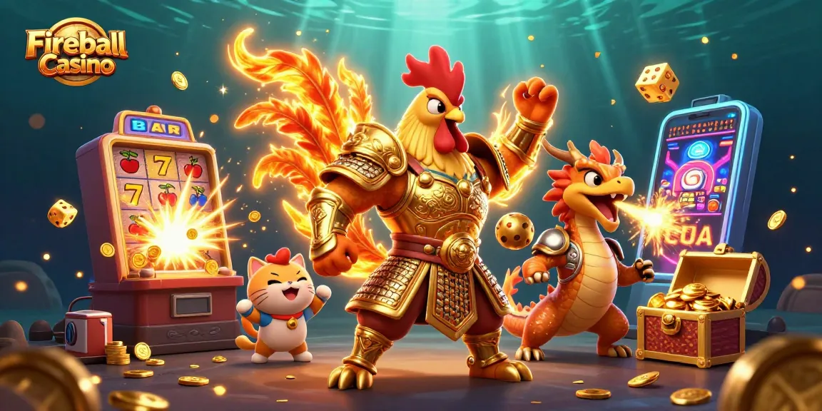 Gra w Fireball Casino z dynamicznymi postaciami i ekscytującymi symbolami na tle kasyna.