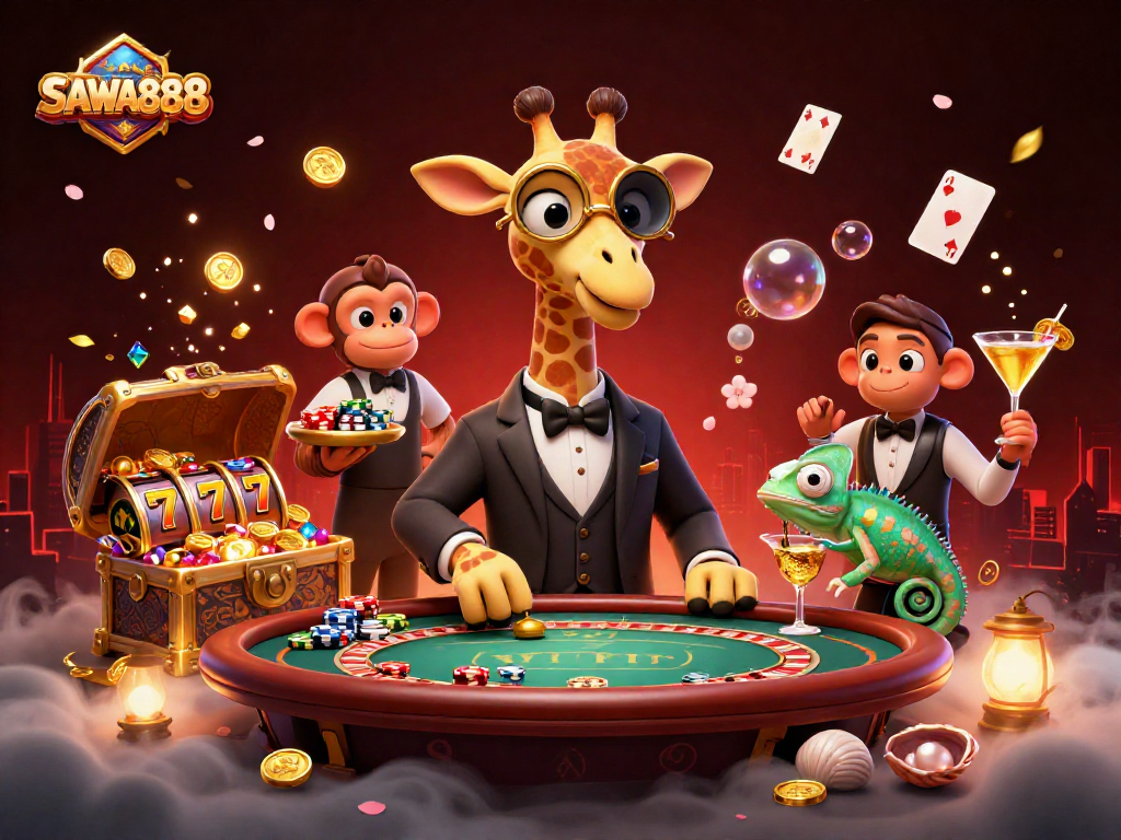 Experience the thrill of SAWA888 with high-roller characters and vibrant casino elements.