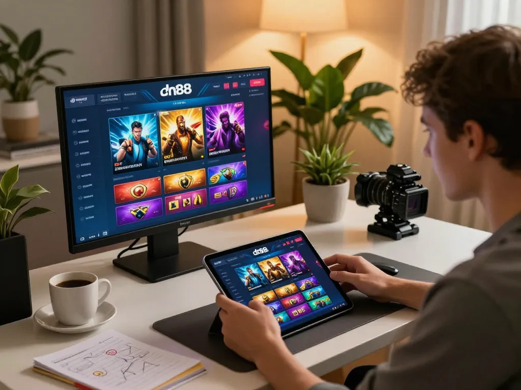 Engaging with dn88 trang chủ online gambling app at home, showcasing vibrant game interface and cozy setting.