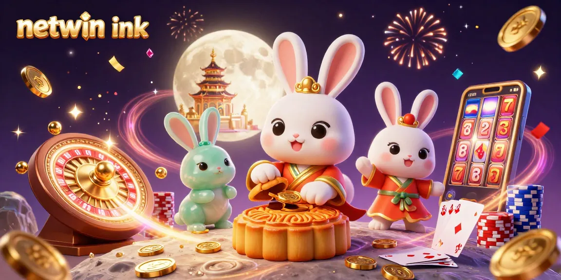 Experience winning moments with netwin ink in a vibrant casino scene featuring traditional moon rabbit folklore.