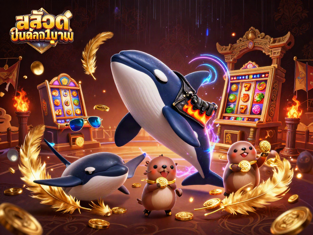 Winning at สล็อตฝากขั้นต่ำ1บาท with fun characters enjoying a casino setting full of lively game elements.