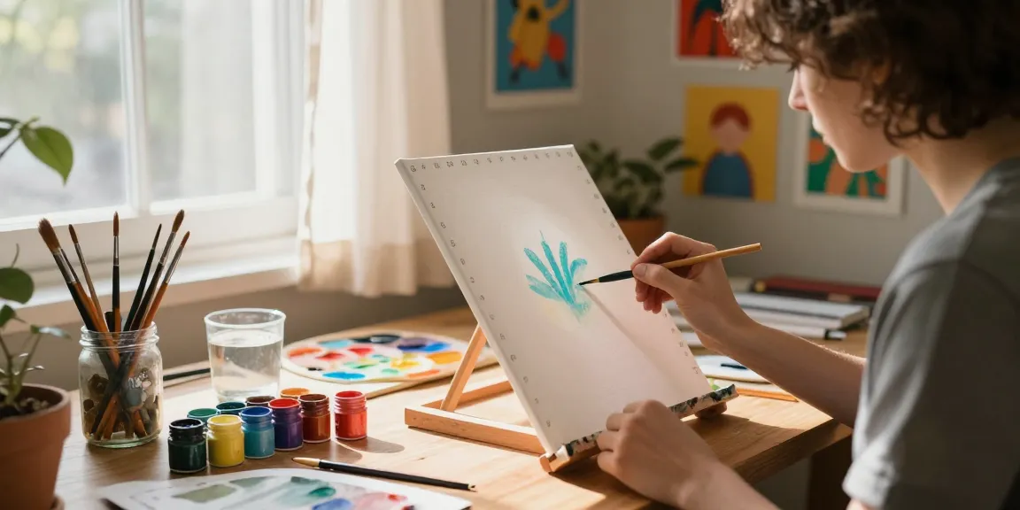 Paint with number setup showcasing a relaxed artist creating colorful artwork in a cozy studio.