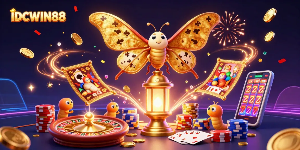 Play thrilling games at IDCWIN88 with slot reels and golden winnings illuminating the scene.
