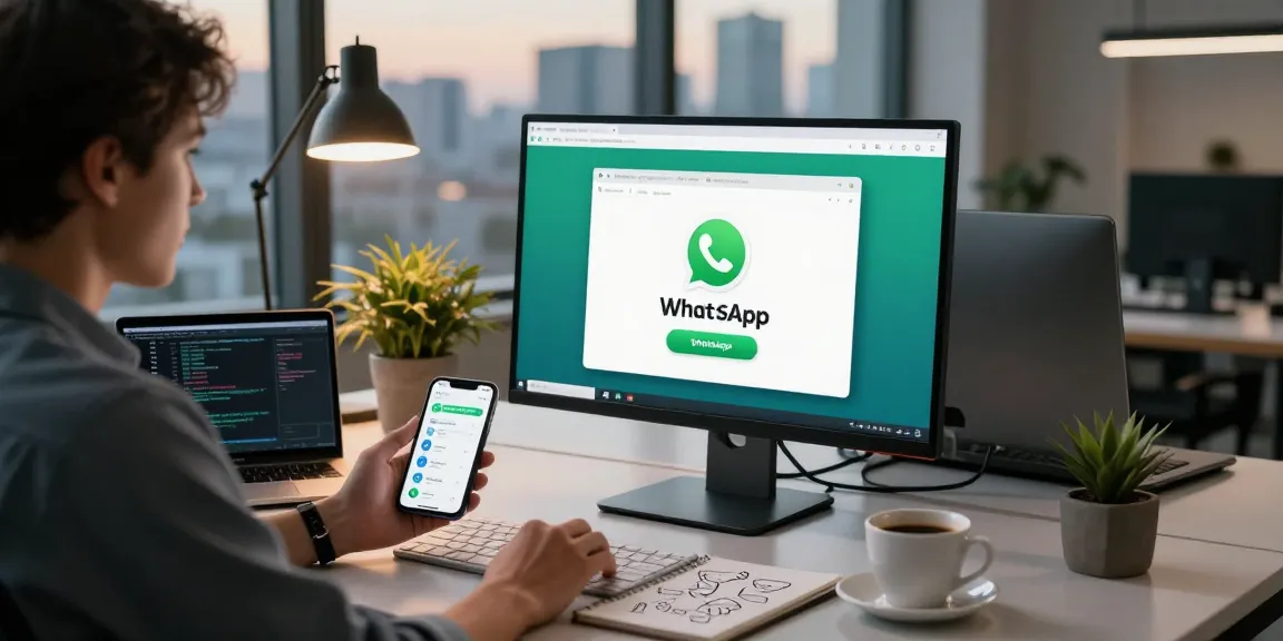 Professional using WhatsApp電腦版 in a modern office workspace with technology elements.