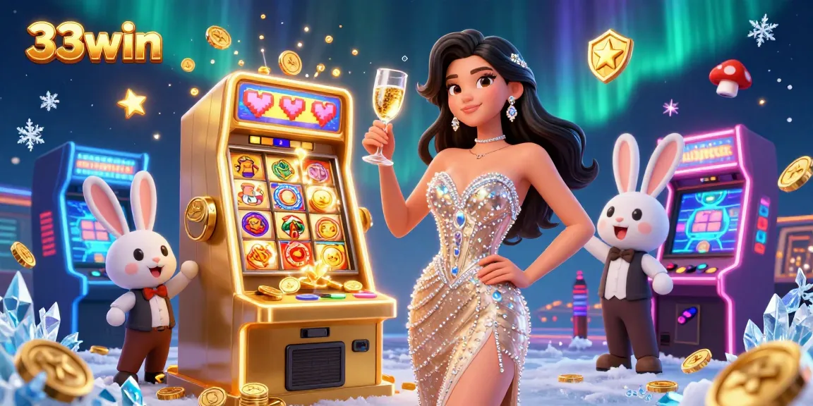 Experience thrills at 33win with stunning visuals of a jackpot scene, featuring a glamorous lady and golden coins.