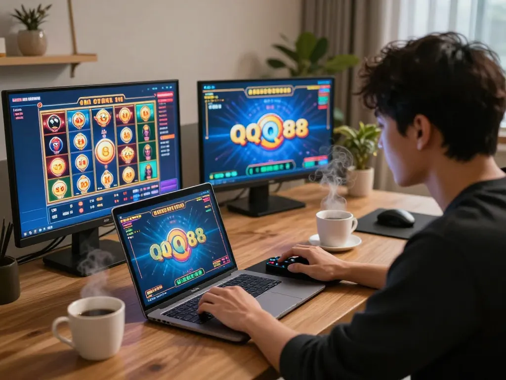 Engaged player using the QQ88 platform for online gaming, highlighting the đăng nhập qq88 process in a cozy home setting