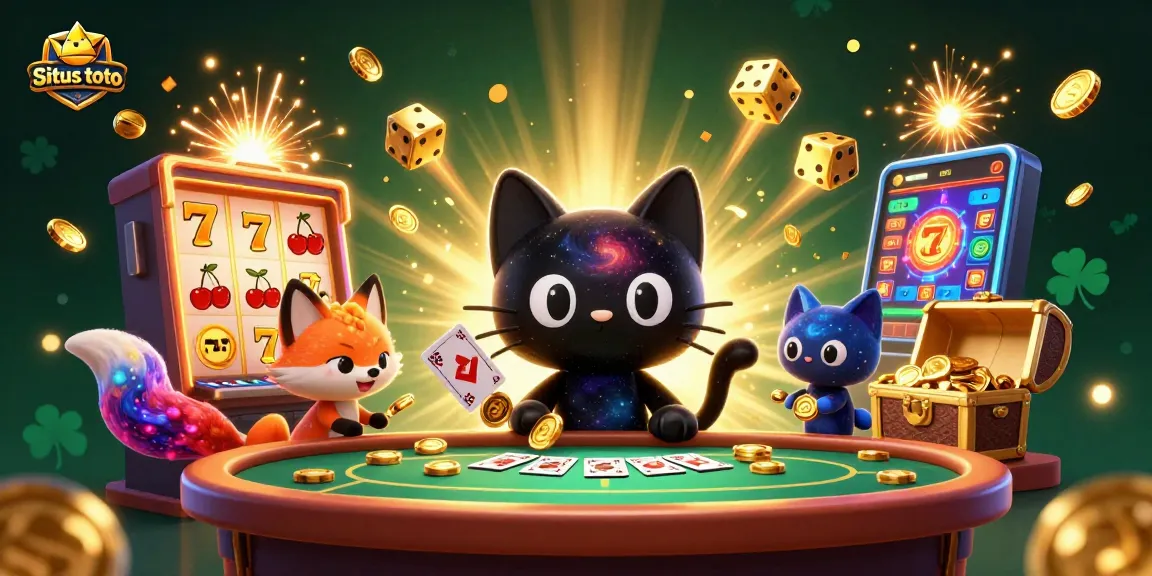 Situs toto dynamic casino scene featuring a black hole cat, colorful fox, and jackpot elements.