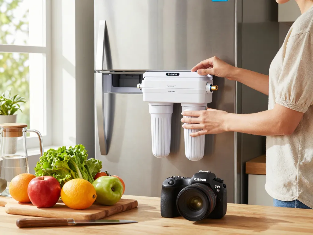 Home kitchen scene with a person installing the Waterdrop DA97-17376B Replacement for Samsung® HAF-QIN Refrigerator Water Filter, emphasizing home convenience and healthy living.