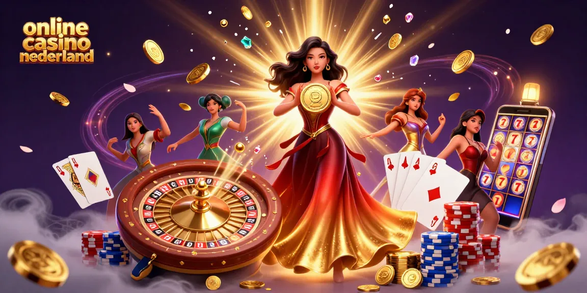 Engage with online casino nederland through this vibrant illustration showcasing a stunning woman, casino elements, and winning vibes.