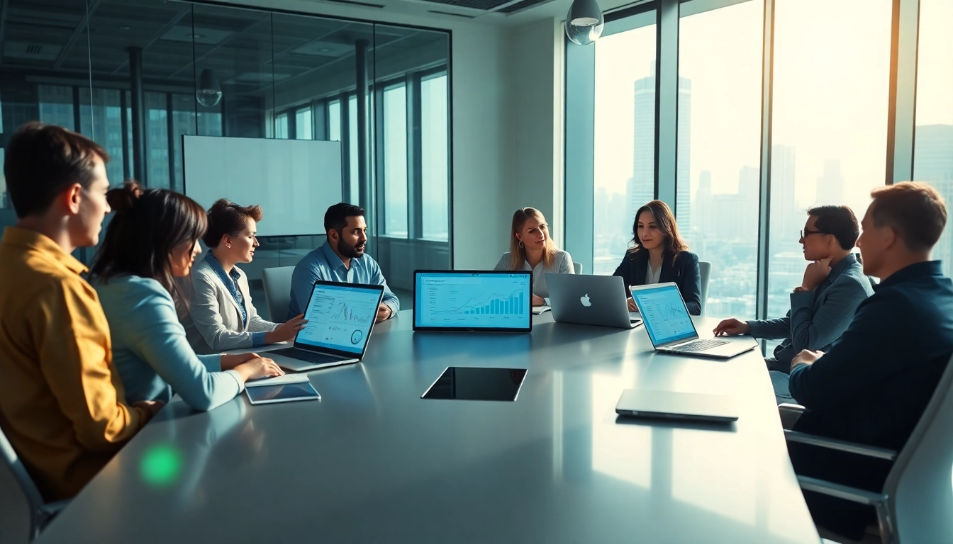 Engaged professionals discussing sales enablement content tracking during a meeting.