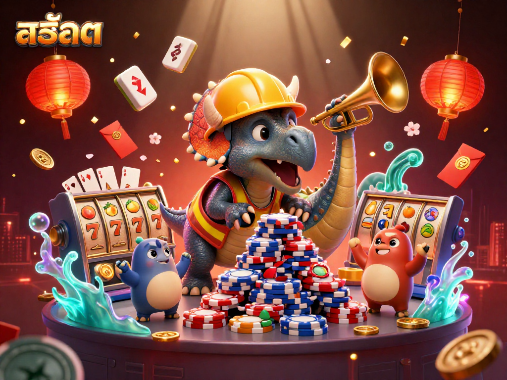 Engaging scene of triceratops building a poker chip pyramid celebrating slots with lucky symbols