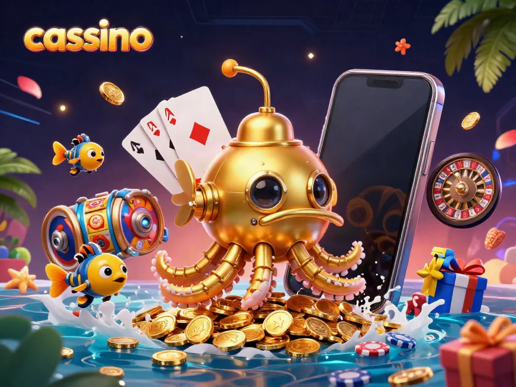 Experience thrilling casino action with a vibrant scene of a kraken submarine and colorful slots.