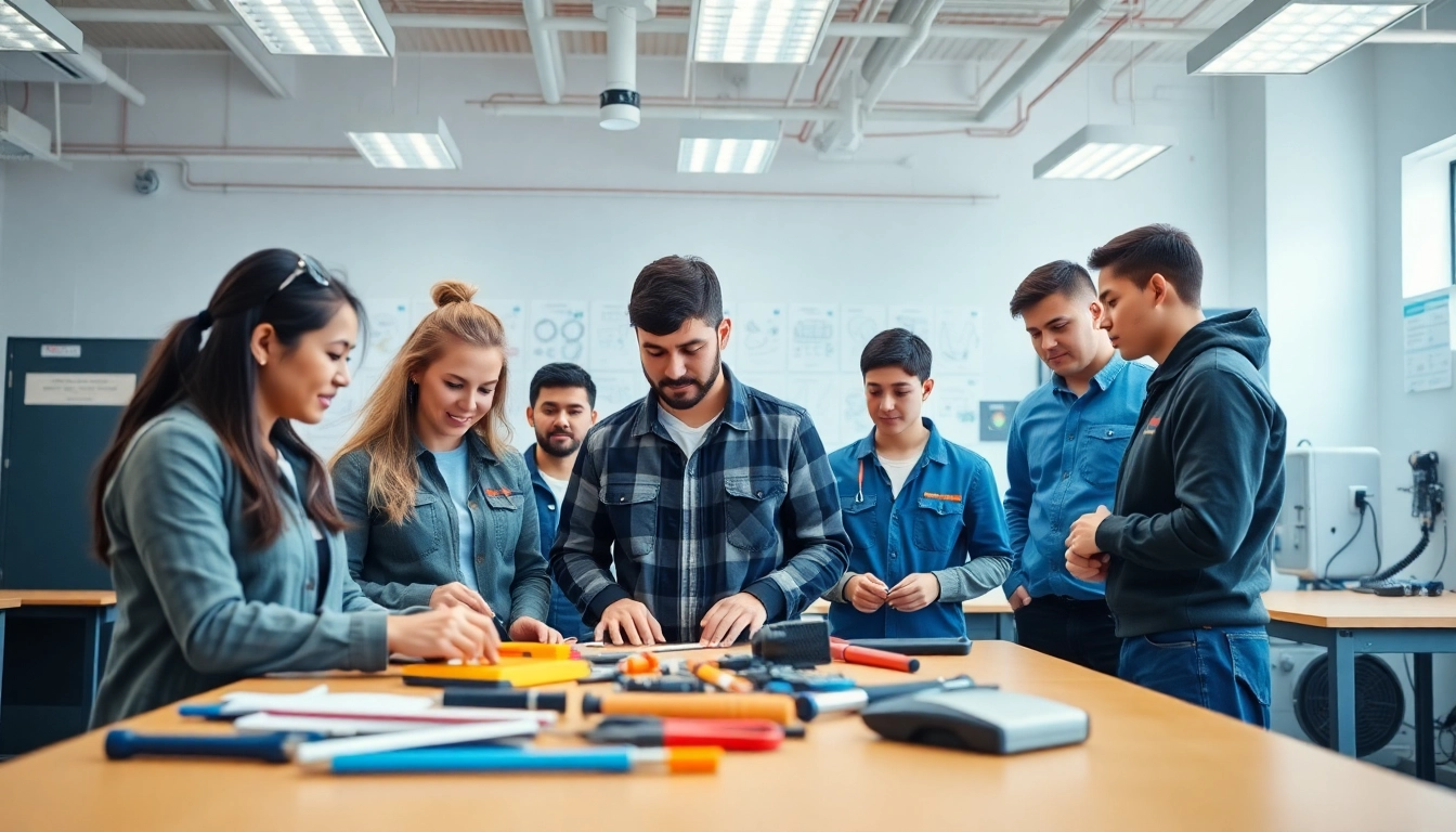 Students at an electrician trade school in Colorado actively learning hands-on electrical skills.
