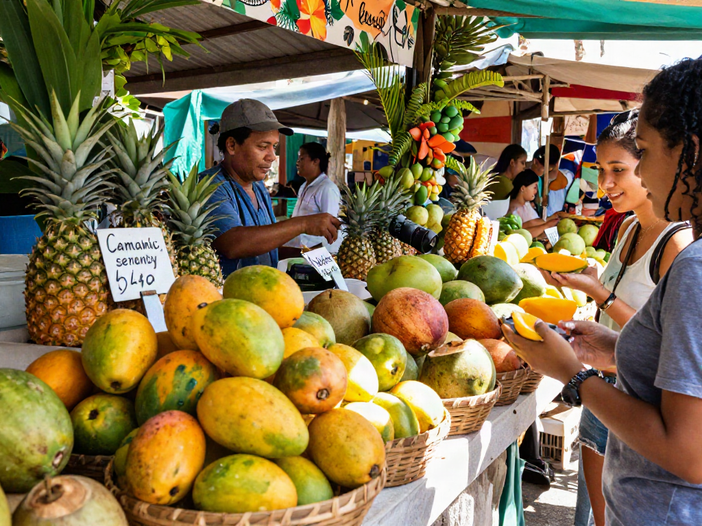 Camino mango serenity at a bustling tropical market, showcasing fresh mangoes and vibrant fruits.