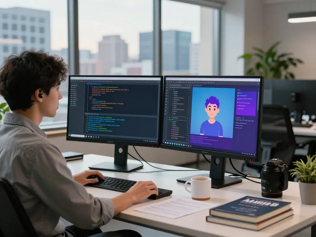 Dynamic workspace showcasing spicychat AI interactions and coding, vibrant tech atmosphere