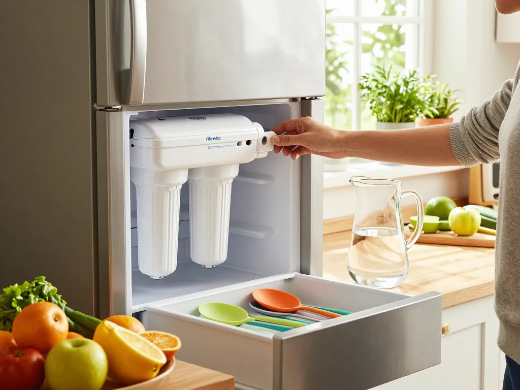 Person replacing Filterlogic DA29-00020B Refrigerator Water Filter in a bright kitchen with fresh produce.