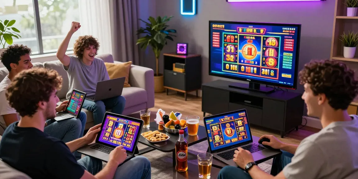 Players enjoying exciting slot games on a digital gambling platform in a lively casino-themed setting.