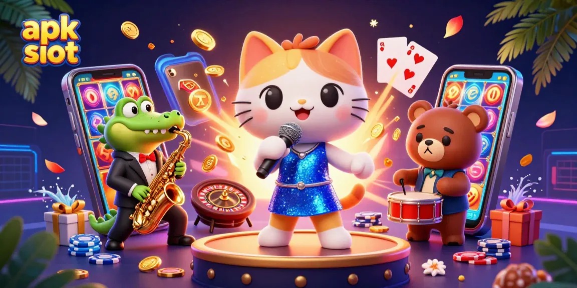 Permainan apk slot menampilkan karakter kucing penyanyi jazzy di panggung kasino dengan elemen keberuntungan.