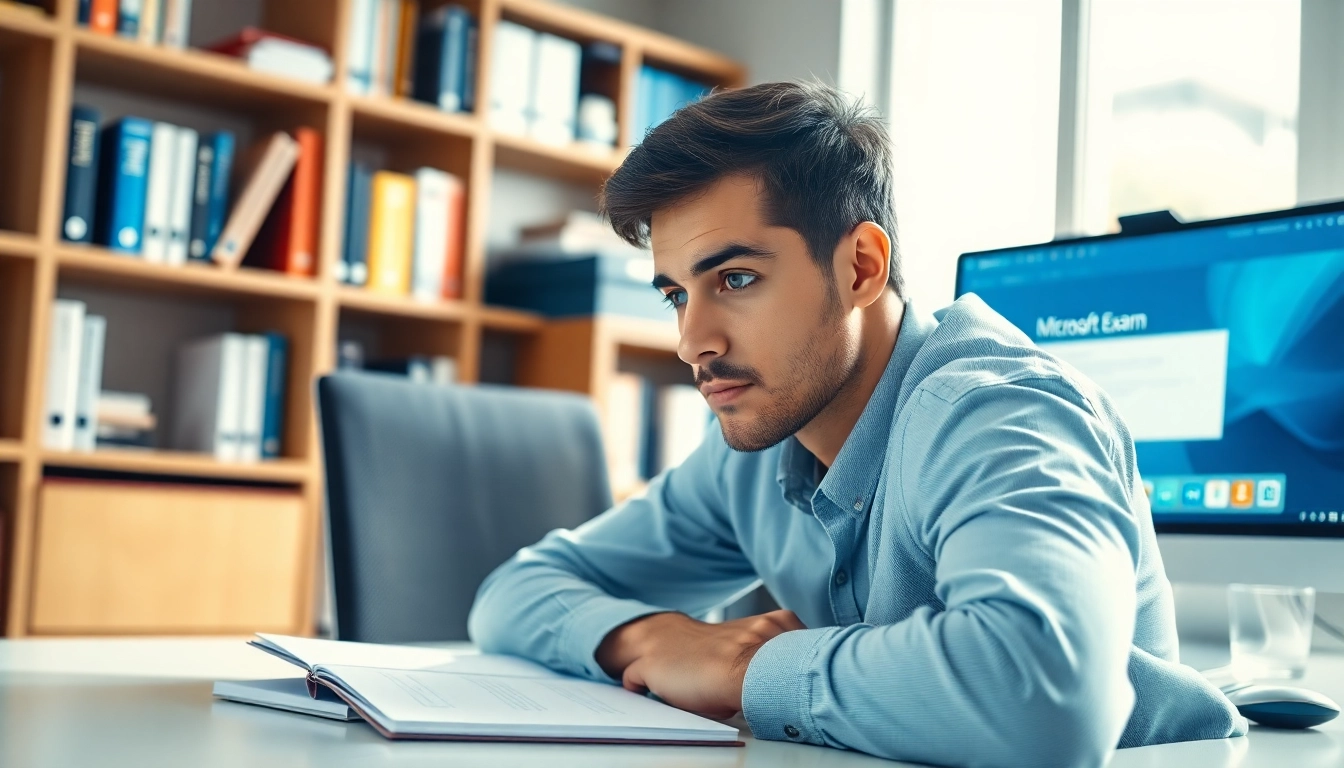 Focused individual studying to pay someone to take my Microsoft exam in a bright workspace.