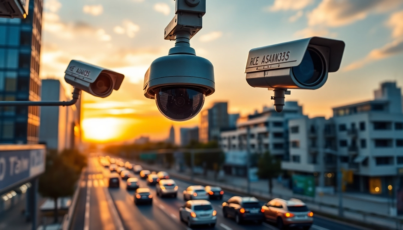 Automatic license plate recognition monitoring urban traffic with advanced cameras and vivid sunset backdrop.