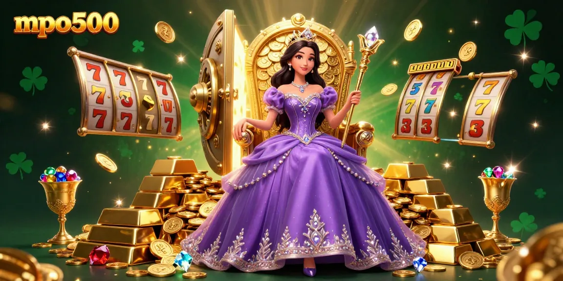 Experience the excitement of mpo500 with stunning slot games and golden treasures displayed in this vibrant illustration.