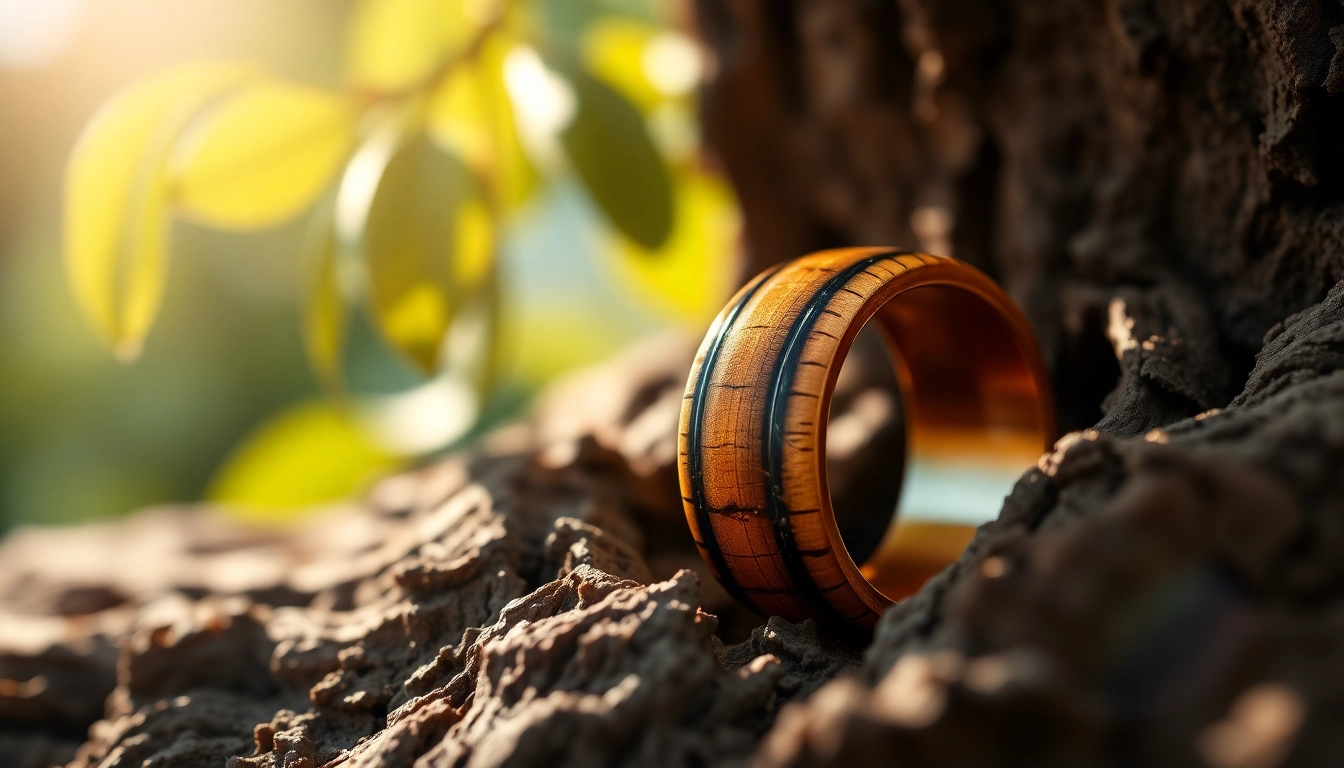Showcase of a Whiskey Barrel Wedding Band highlighting unique grains and rustic elegance.