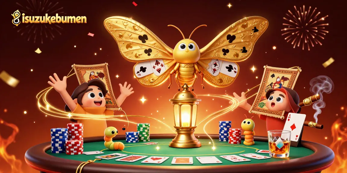 Engaging isuzukebumen casino illustration featuring a vibrant moth and dynamic poker elements.