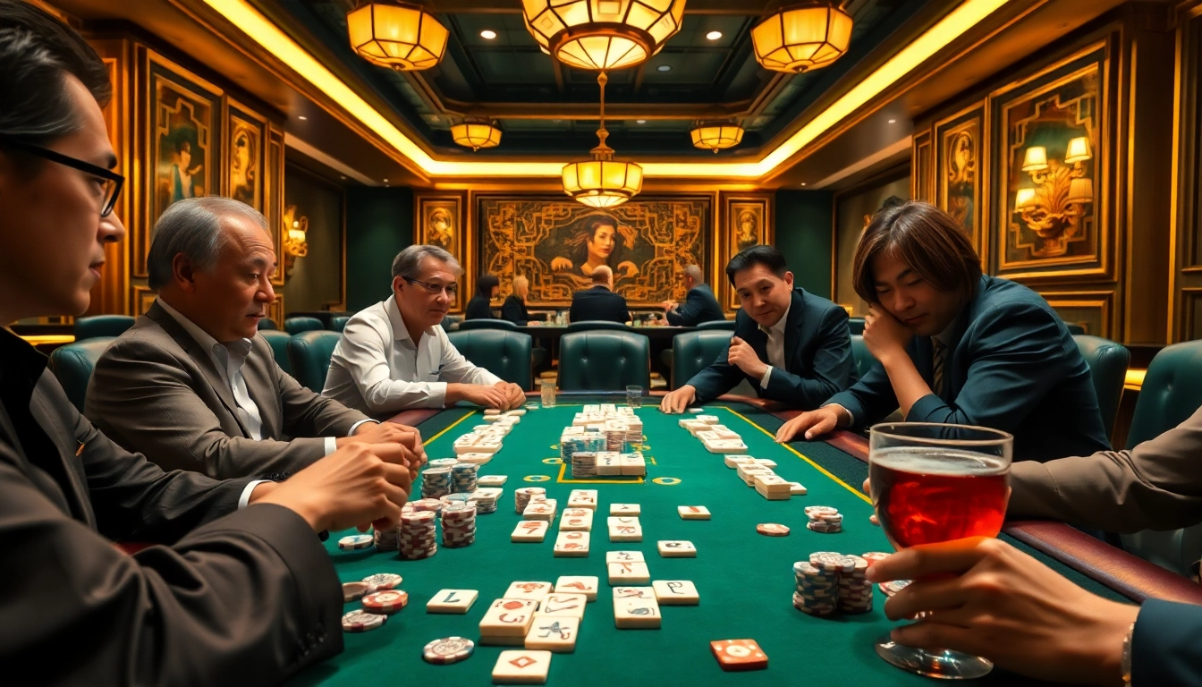 Pemain yang bermain link mahjong di meja kasino mewah, fokus dan bersemangat.