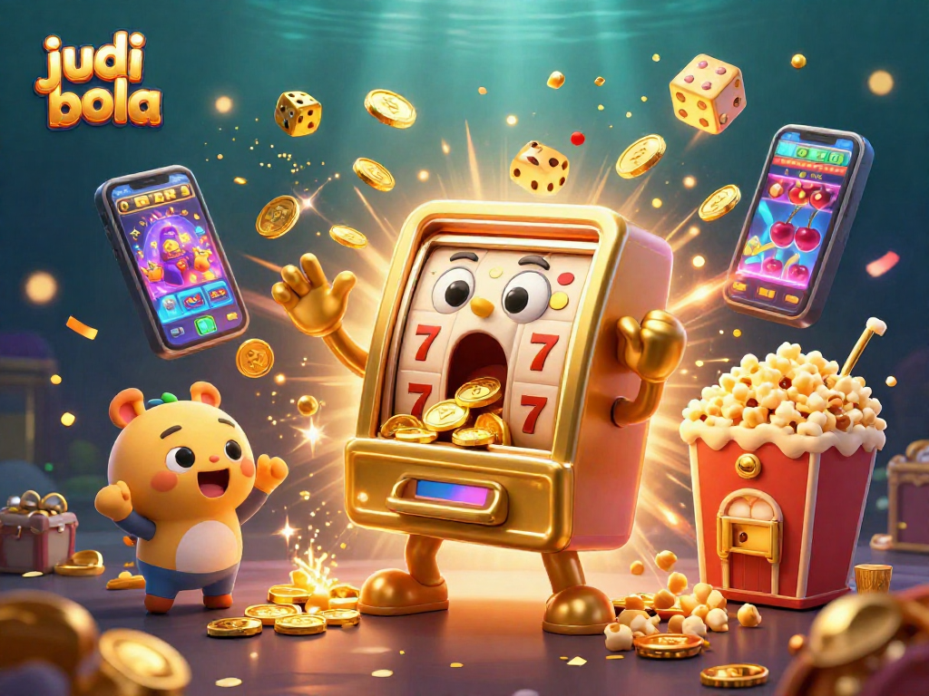 Play judi bola with engaging slot machines celebrating jackpots in this vibrant 3D illustration.