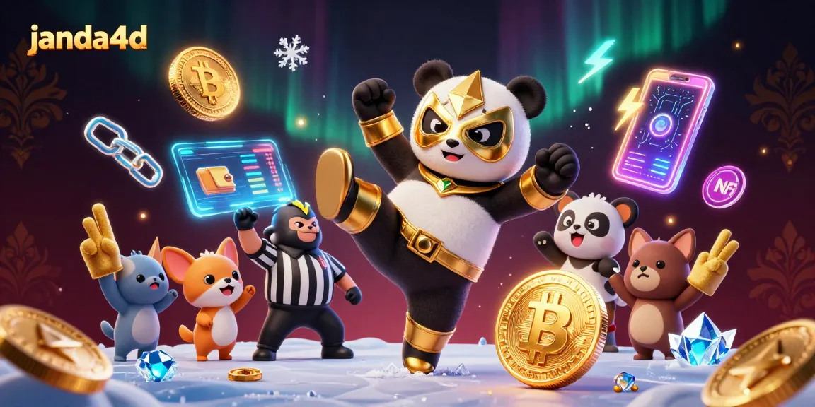 janda4d menghadirkan penampilan menarik dengan panda pegulat terbang di antara koin Bitcoin dan Ethereum.