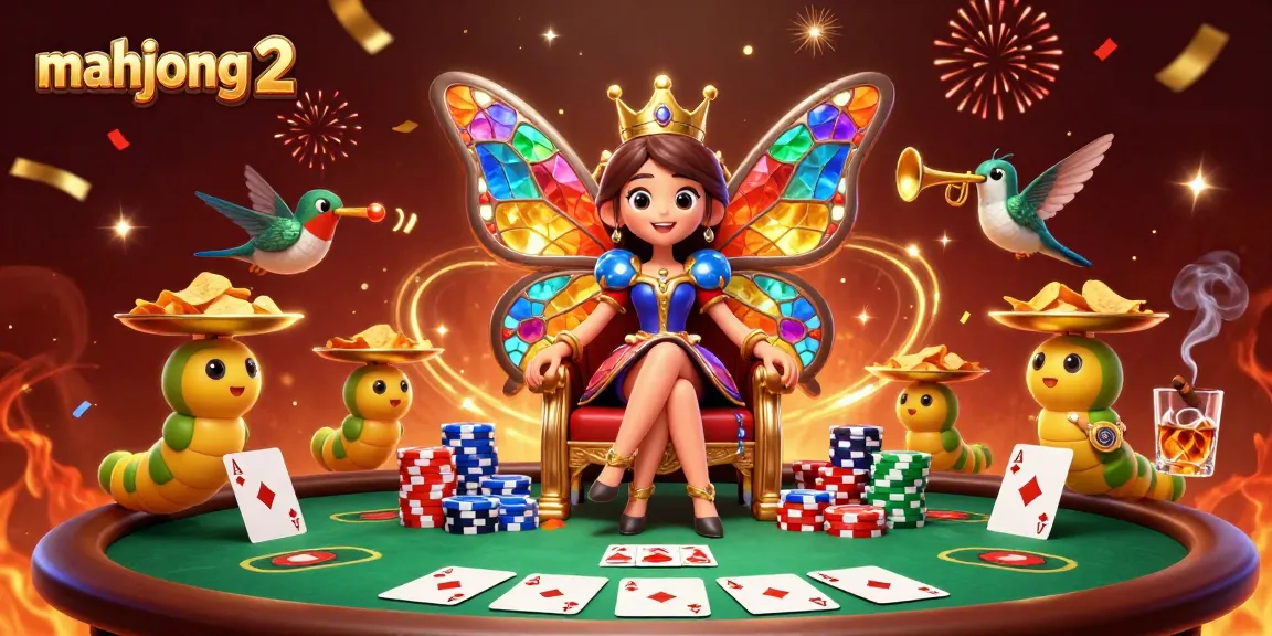Play mahjong 2 with vibrant imagery, showcasing a butterfly queen in a dynamic casino scene.