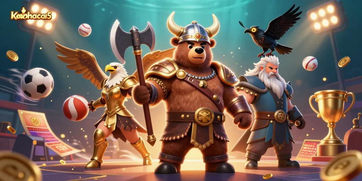 Engage in thrilling sports betting action with keonhacai5 as Viking characters celebrate victories.