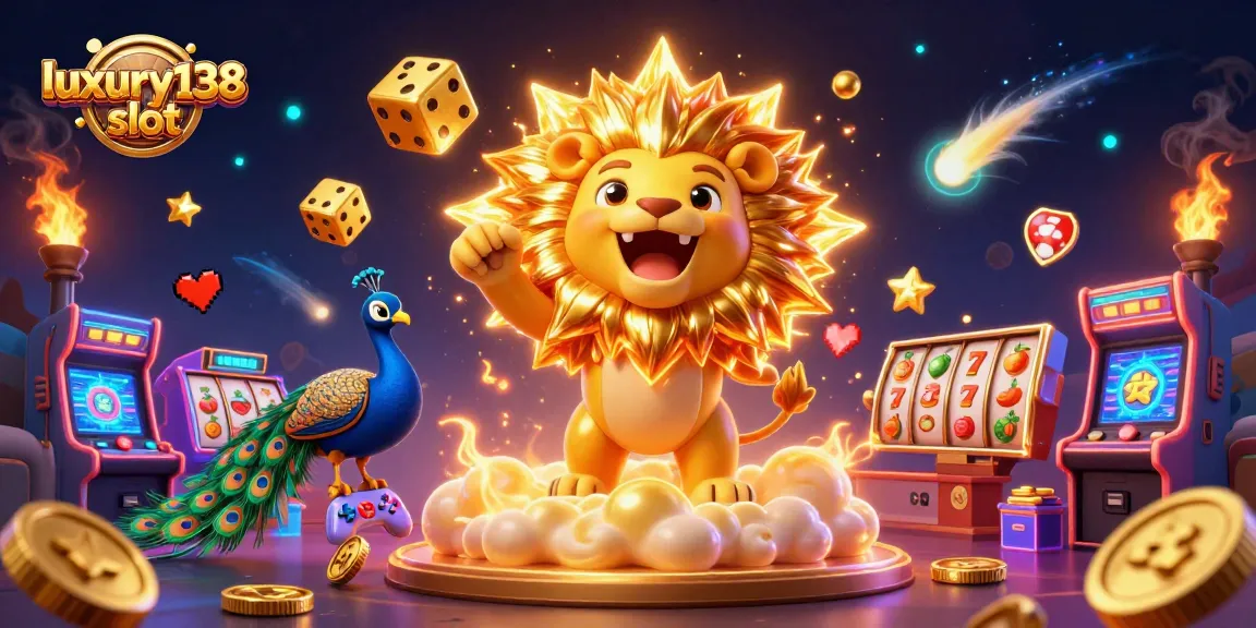 Engage with luxury138 slot in a vibrant scene featuring a roaring sun lion, dice, and dynamic game elements.