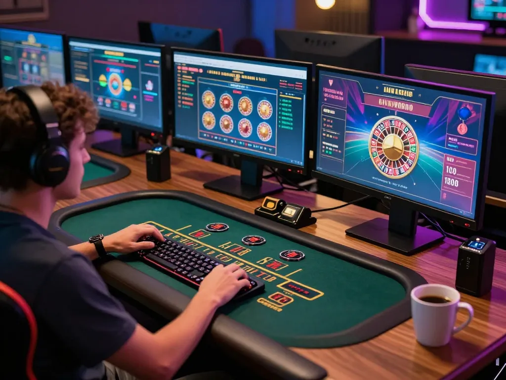 Nohu gaming session with a user playing live dealer games on multiple screens in a cozy home setup