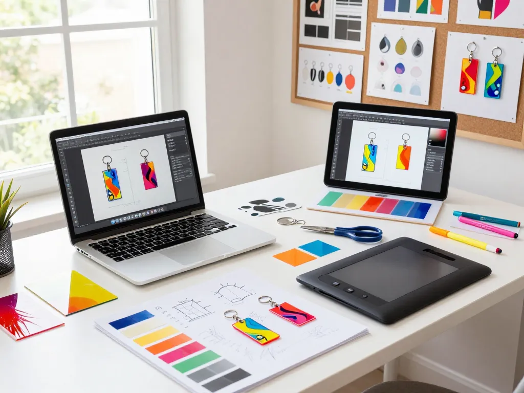 Designer customizing colorful acrylic keychains in a bright creative workspace.